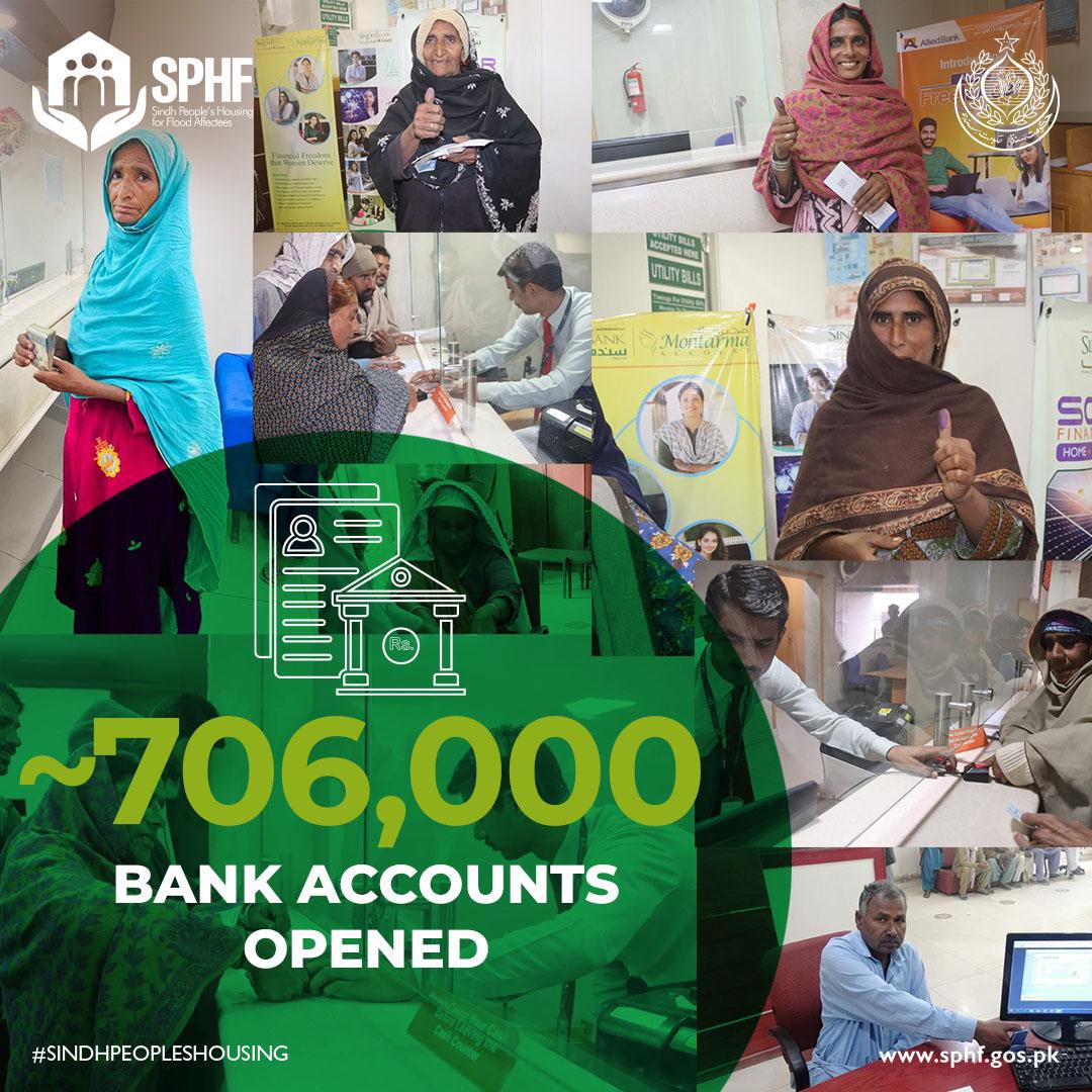 706,000 bank accounts opened across 24 districts! Beneficiaries are now part of financial inclusion, enabling resilient house construction. The SPHF empowers beneficiaries through financial inclusion, ensuring a secure & resilient future. #SindhPeoplesHousing