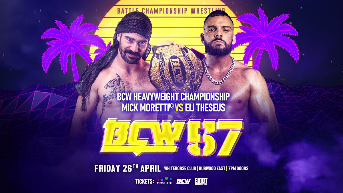 ***BCW 57 - SPECIAL ANNOUNCEMENT*** In a special announcement for BCW 57 GABRIEL AEROS is out of the main event – and will be replaced by his compatriot ELI THESEUS against THE RAPSCALLION MICK MORETTI for the BCW Heavyweight Championship! Book here: moshtix.com.au/v2/event/battl…