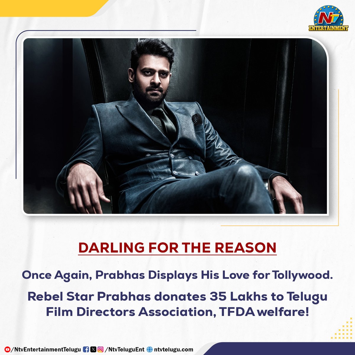 Once Again, Prabhas Displays His Love for Tollywood.

Rebel Star #Prabhas donates 35Lakhs to Telugu Film Directors Association #TFDA welfare!

#Kalki2898AD #TheRajaSaab #Spirit #RebelStar #NTVENT