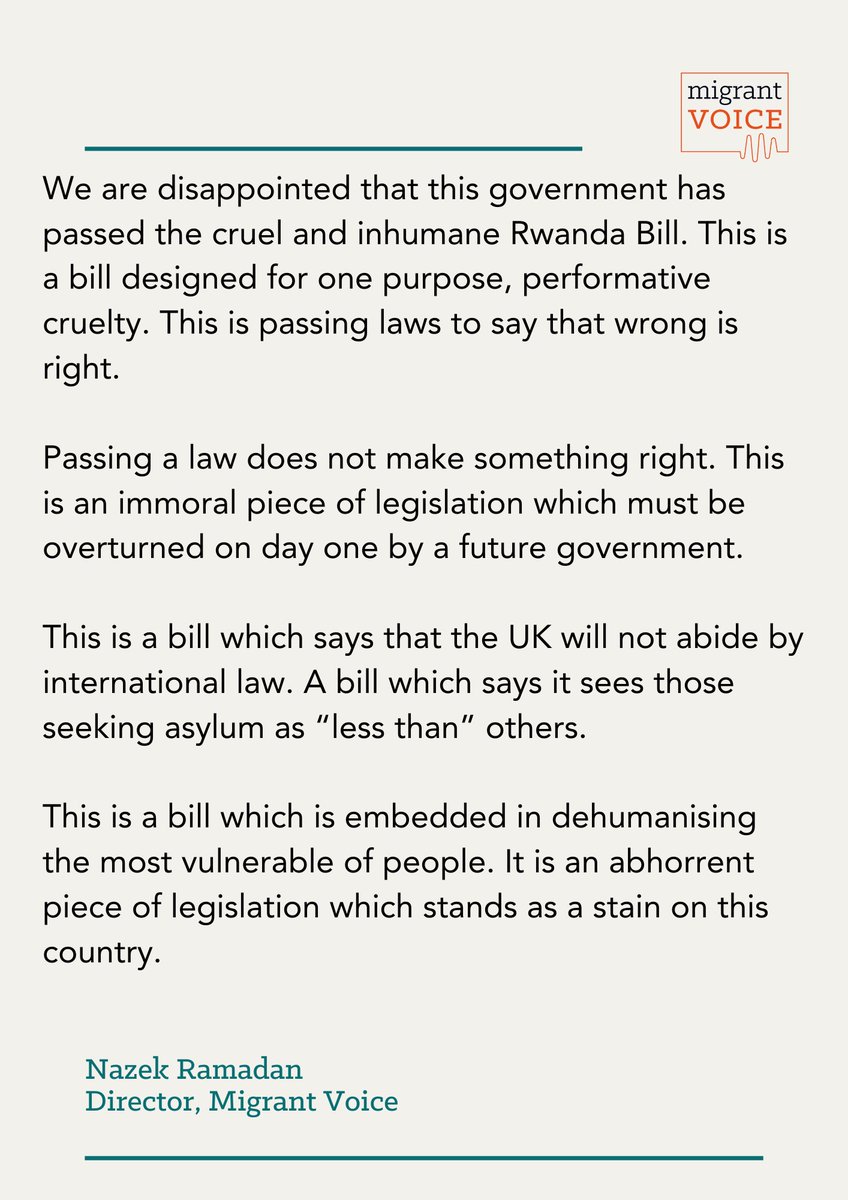 You cannot legislate to say that some people deserve fewer human rights than others. We remain absolutely opposed to the #RwandaBill, and stand in solidarity and support with all those who have been left more fearful for the future this morning, having come here seeking safety.