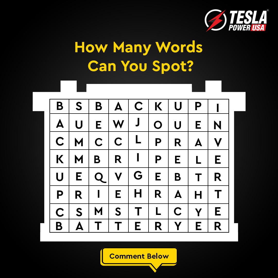 Explore the grid and uncover a treasure trove of words waiting to be discovered. 🕵️‍♂️🔍
Comment your answer.

Visit: bit.ly/42YIuB2
Call: 9706076076

#TeslaPowerUSA #MorePowerUSA #GameHour 
#FunTimes #TimeForFun #PowerToWin 
#Yellow #WordMaster #InverterBattery