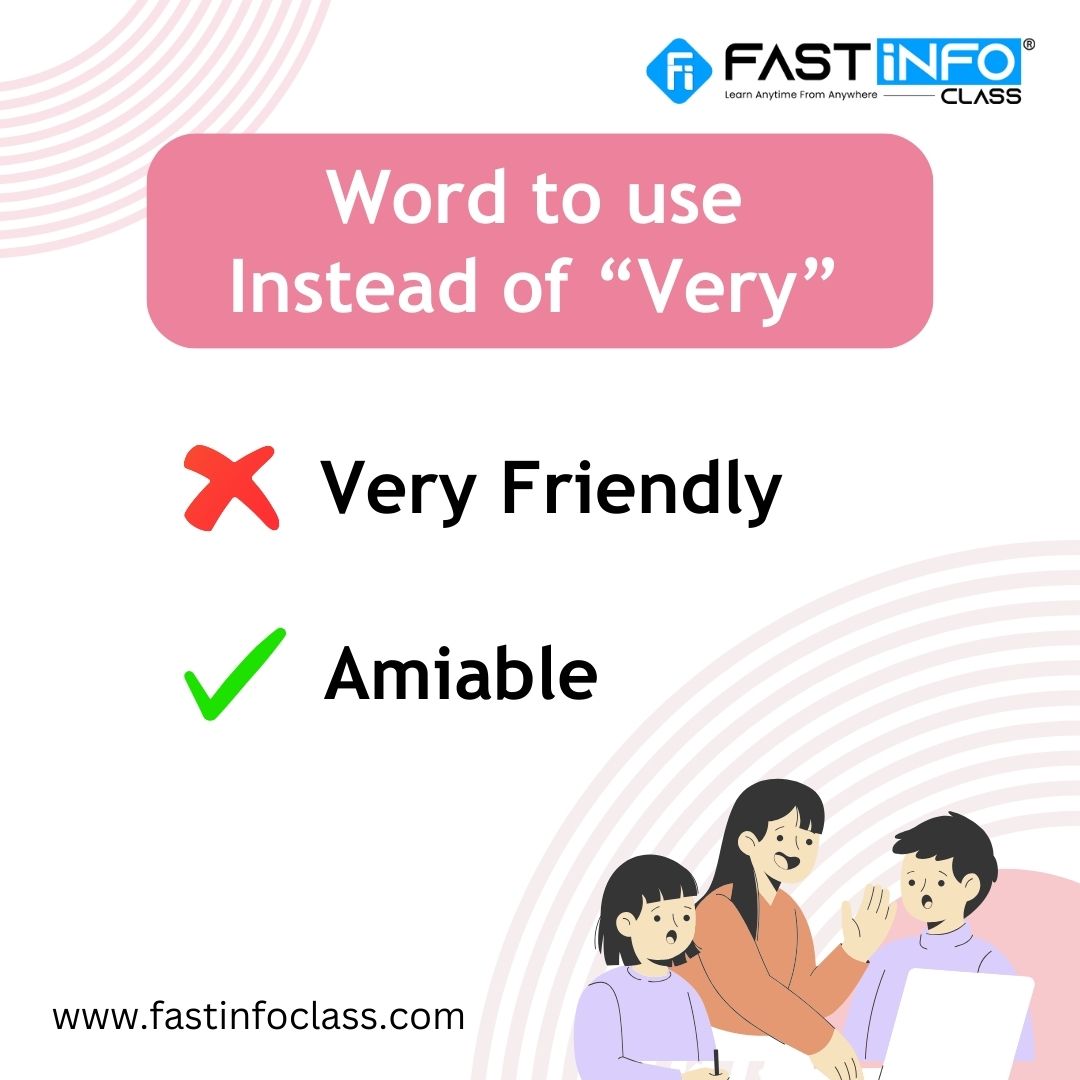 FastInfoClass's tweet image. While communicating in English we normally tend to use the term ‘very’ too much in our sentences. Instead, we can replace those ‘very’ terms with some cool words 😍
Know more about us, visit fastinfoclass.com/web/spoken-eng…
#spokenenglishclass #spokenenglishskills #spokenenglishtips