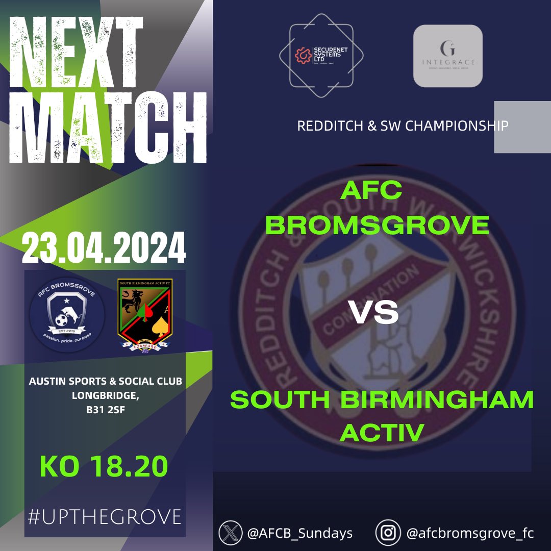 FIXTURE 》

Tonight we host <a href="/sbactiv/">South Birmingham Activ FC</a> in what is sure to be another tough test, last time out saw us come away with a point but the lads will be looking for all 3 tonight, which could put us into second place.

All support appreciated 👏🏽

#UpTheGrove🦁

<a href="/Randswcl/">Redditch & SW League</a>