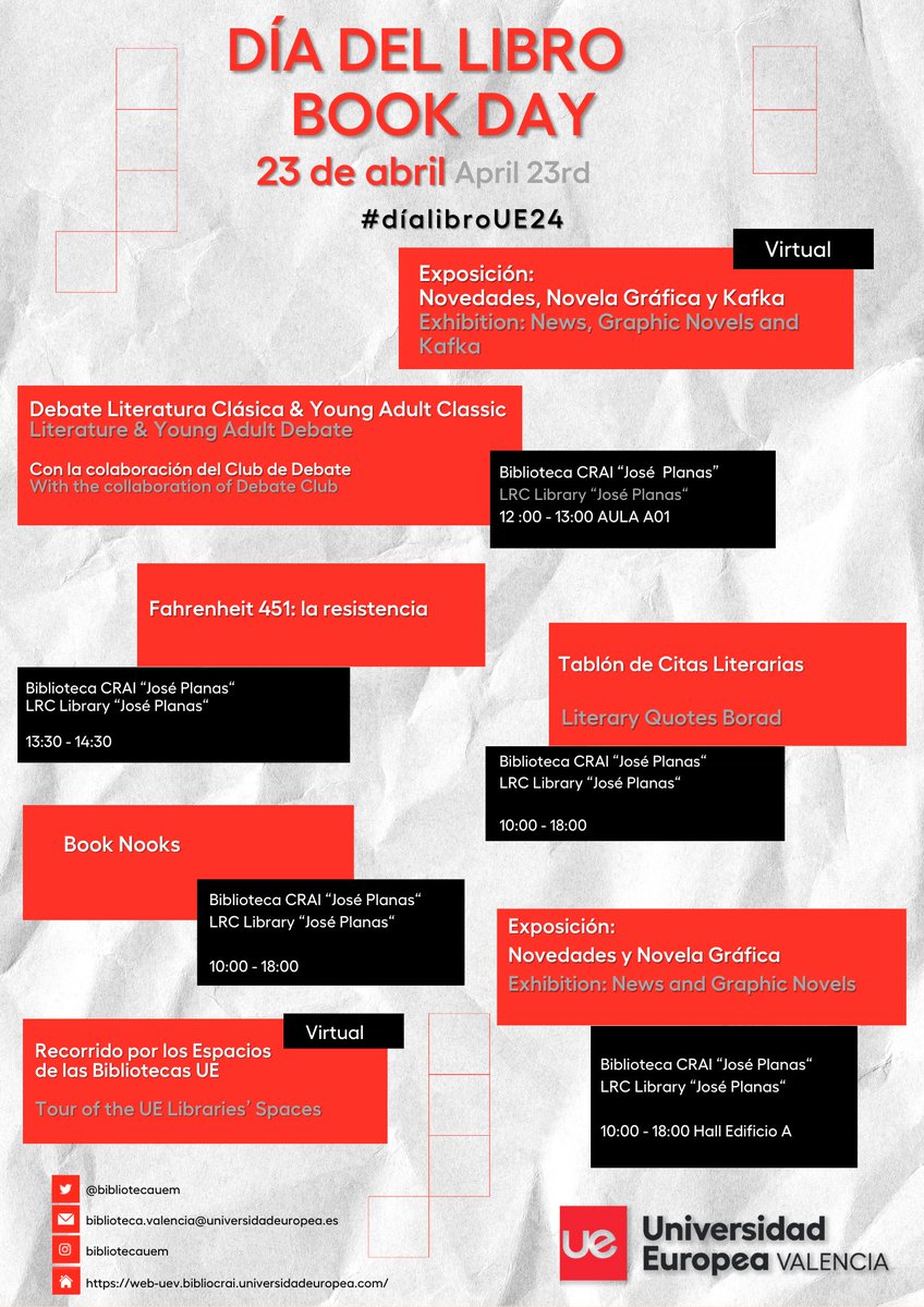 ¡FELIZ DÍA DEL LIBRO! #díalibroUE24 
📍¡Os esperamos en la Biblioteca "José Planas" (Hall entrada edificio A) <a href="/UEValencia/">Universidad Europea de Valencia</a> para celebrarlo con todas estas actividades!