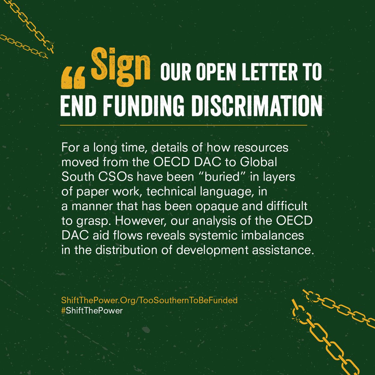 Through a disturbing of "Tied Aid," Global North dev't agencies have consistently said to Southern CSOs that they are #TooSouthernToBeFunded, read and sign our open letter to the OECD DAC to say no to the "hidden" system of Tied Aid shiftthepower.org/toosoutherntob…

#ShiftThePower