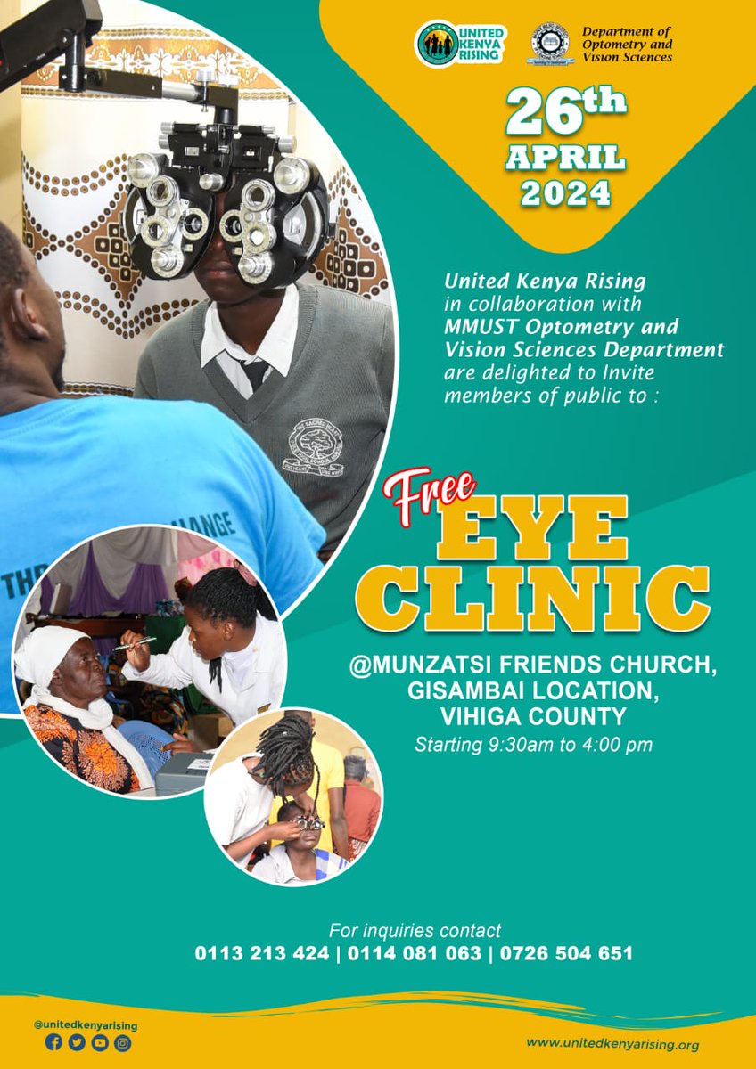 Join us for our FREE Eye Clinic this Friday, at Munzatsi Friends Church, Gisambai location in Vihiga County starting 9.30am to 4.00pm.
Optometrists from @MMUST_Kenya  Department of Optometry and Vision services will be present to provide needful eye services.
#TogetherWeRise