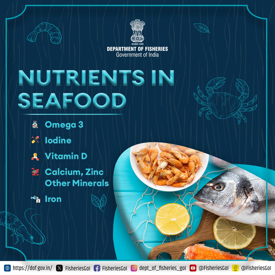 FisheriesGoI's tweet image. Want a healthy meal? 
#Seafood is packed with protein, vitamins, and other nutrients to keep you strong and energized!
#SeafoodBenefits #SeafoodNutrients