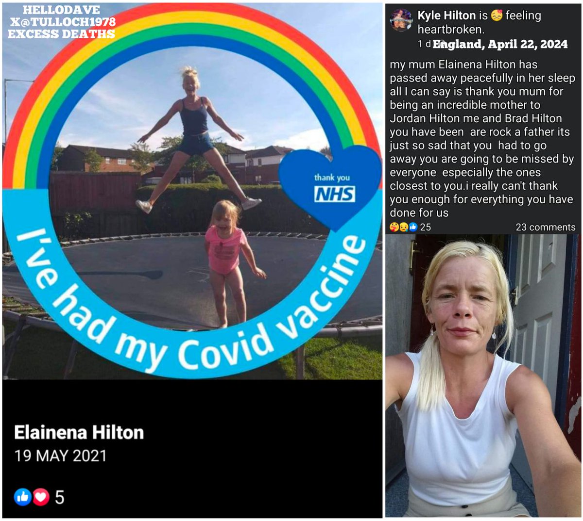 England: 'My mum Elainena Hilton has passed away peacefully in her sleep.'

'I've Had My COVID Vaccine'

#diedsuddenly (April 2024)