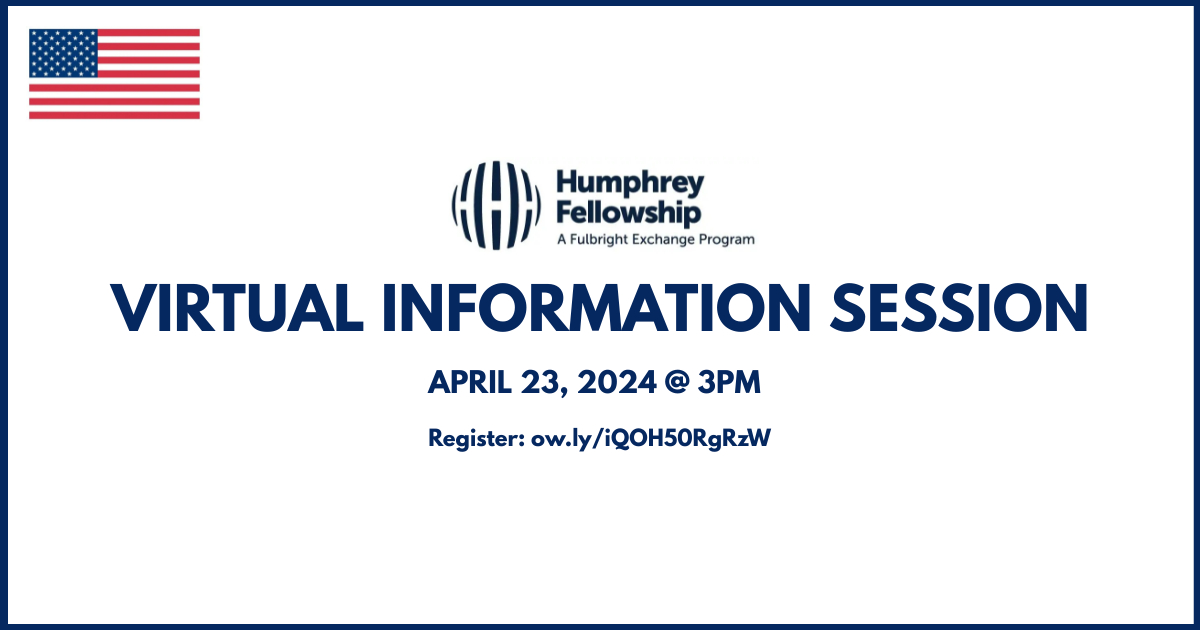 Are you a mid-career professional seeking a career development program in the U.S.? Join us for a virtual information session today at 3 PM to learn more about the Hubert Humphrey program. To participate, register at ow.ly/iQOH50RgRzW.