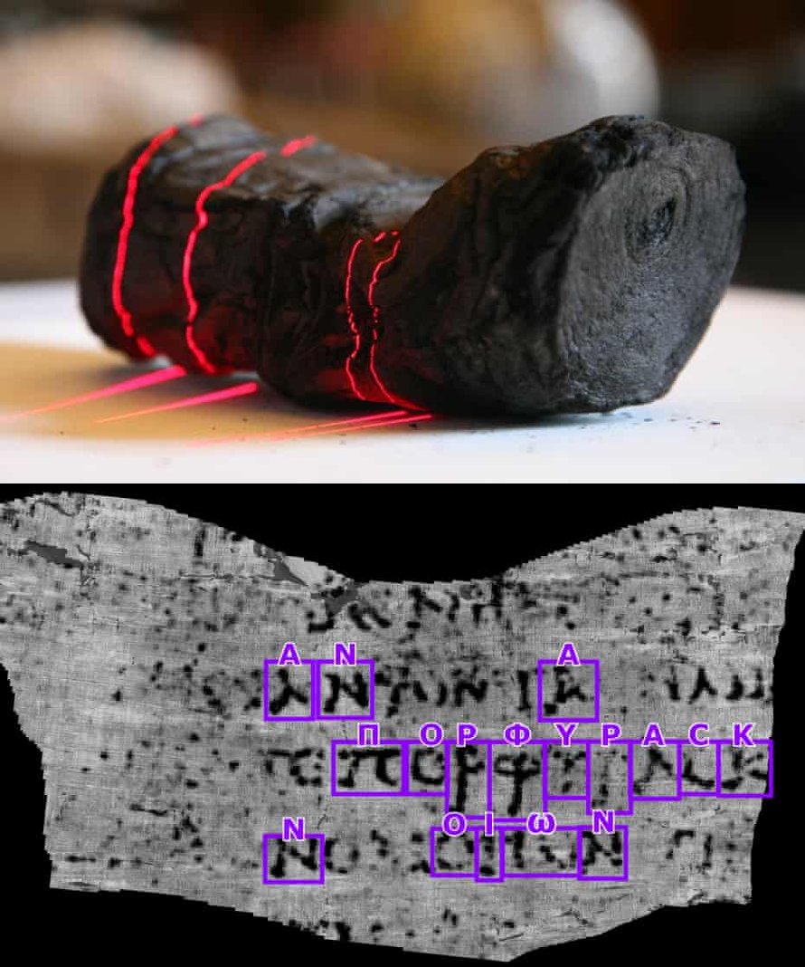 University of Kentucky researchers challenged computer scientists to reveal contents of carbonised papyrus, a ‘potential treasure trove for historians’, as they use AI to read word on ancient scroll burned by Vesuvius in 79 AD :

When blast from eruption of Mount Vesuvius reached