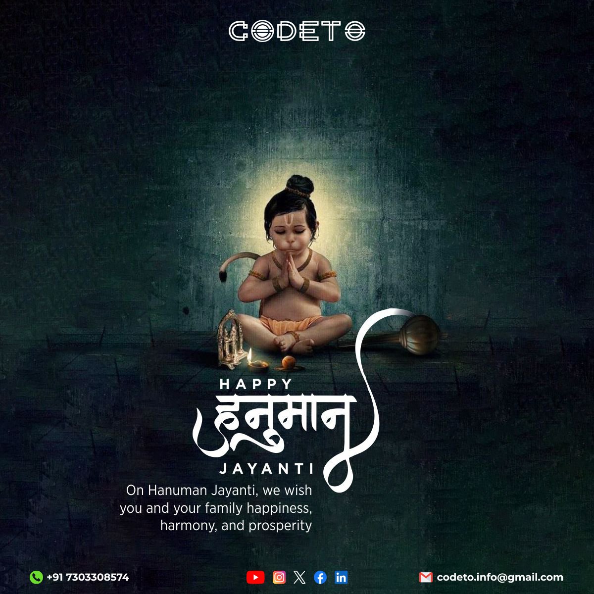 Codeto805's tweet photo. Here's wishing you and your loved ones a blessed Hanuman Jayanti from the Codeto Learning Institute family.🙏🏻🖥️📚
#CodetoLearning #TechEducation #CodingJourney #SkillBuilding #FutureTech #LearnToCode #TechSkills #ProgrammingCommunity #CodingLife #TechTraining
#TechLearning https://t.co/yo5VD8nEvH
