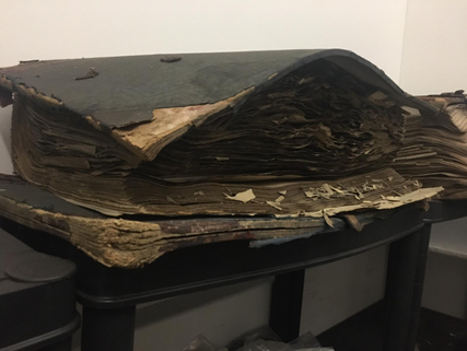 #Somethingscary from @GwentArchives There are 5 large Account Books in the Newport Rugby and Athletic Club collection. The club’s invoices & receipts were pasted into 5 volumes, causing the paper to stiffen, expand & the binding to ‘explode’ resulting in an unprotected text block