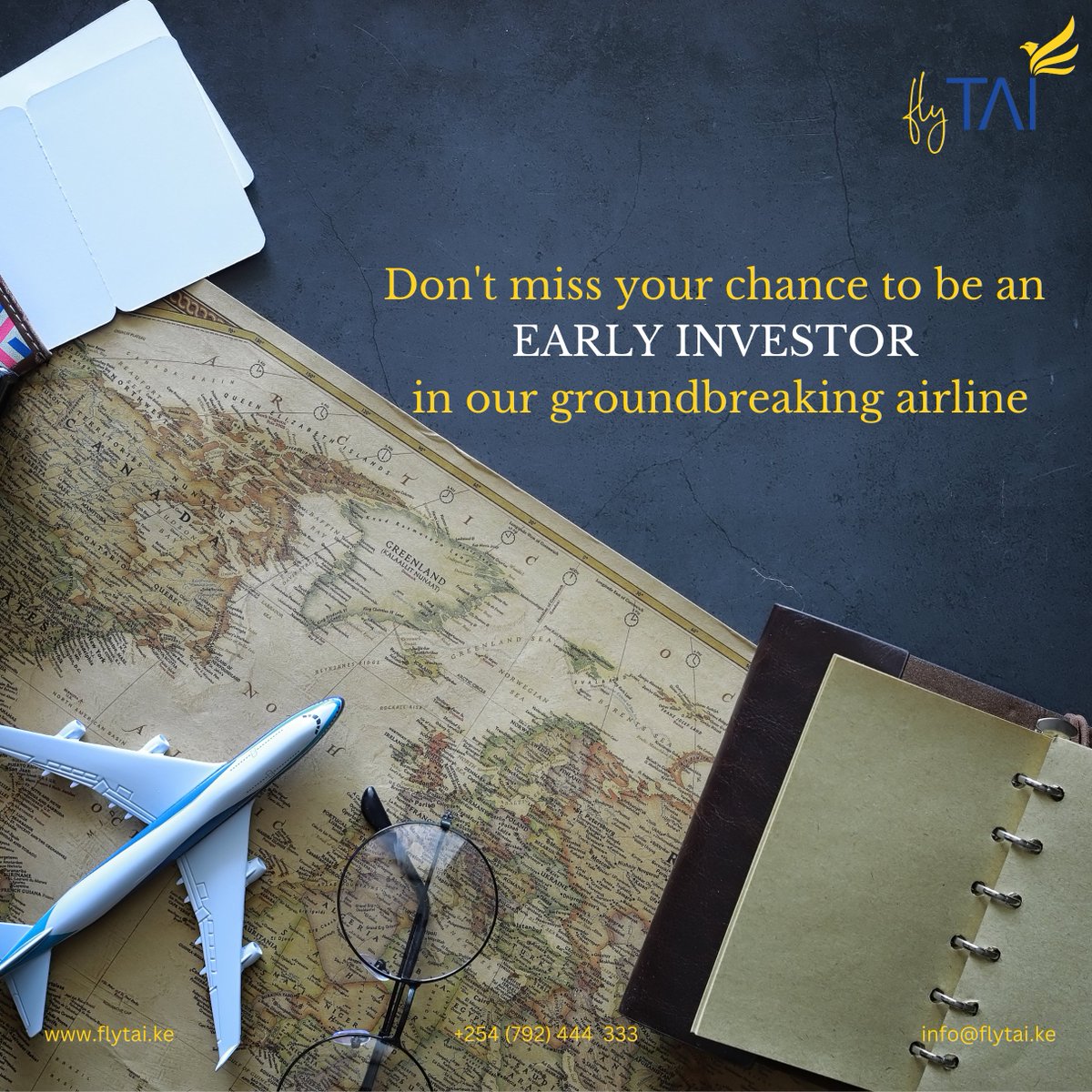 Invest in the future of travel!

flytai.ke
info@flytai.ke
+254792444333

#Putyournameinthesky #flytai #investinthesky #investinus #invest