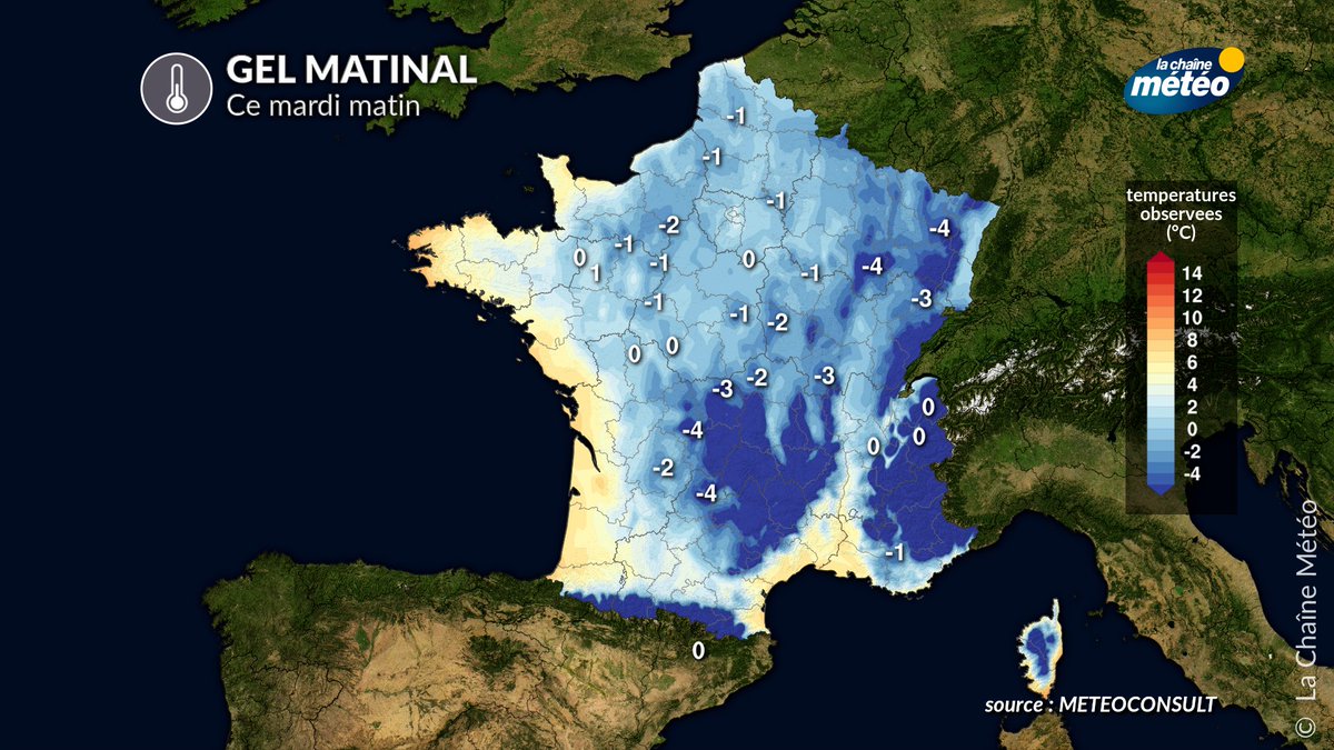 lachainemeteo's tweet photo. Les #gelées ont été nombreuses ce matin et parfois assez marquées avec, par exemple -3,9°C à #Dambach (Bas-Rhin), -1,9°C à #Bergerac (Dordogne) ou encore -1°C à #Evreux (Eure). Ce risque se réitérera demain matin du sud-ouest au nord-est principalement 🥶 https://t.co/c0mu2oseBU