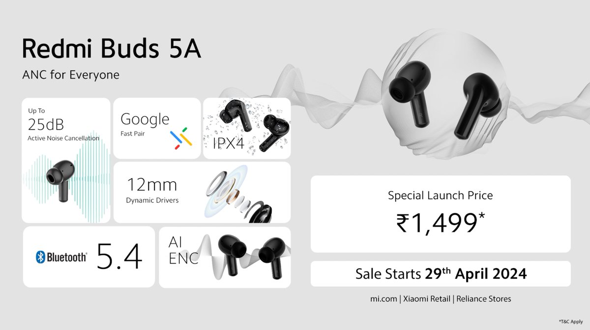 Discover pure audio bliss with the all-new #RedmiBuds5A! Get ready to dive into a world of amazing sound quality and fall in love with every beat with 25dB Active Noise Cancellation. Special Launch Price at ₹1,499*. First sale on April 29th. Know more: bit.ly/_RedmiBuds5A