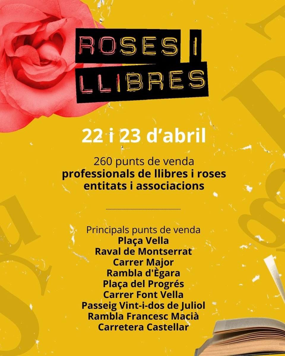 🌹📚BONA DIADA DE SANT JORDI!!! 😍 Sortim al carrer i gaudim d'un dia ple de cultura i tradicions. 👉terrassa.cat/sant-jordi @visitaterrassa #SantJordiTRS #SantJordiTRS2024