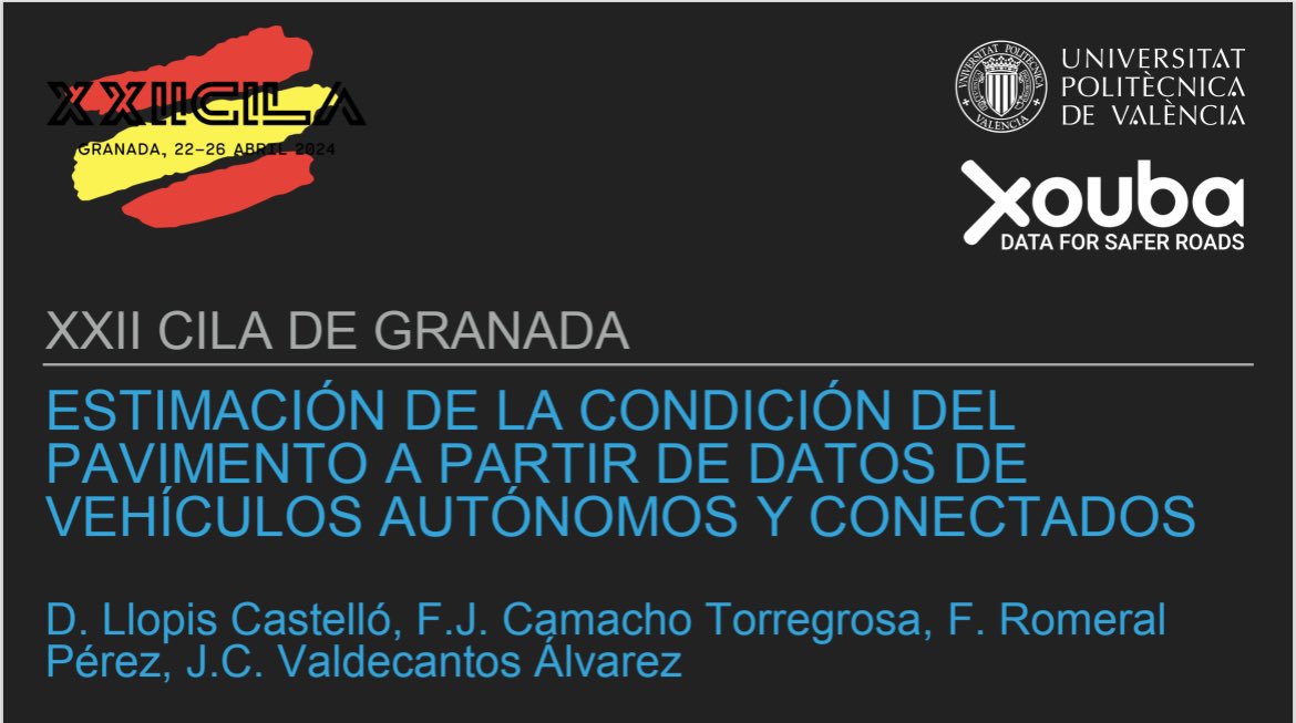 Seguimos en el @XXIICILA para mostrar la aplicabilidad de los #datos de #vehículosautónomos y #conectados en la gestión del #pavimento de #carreteras junto a @XoubaRoads.

🗓️ Martes 23
⏰ 9:45h - Sala Albéniz
Estimación de la #condición del #pavimento a partir de #datos de 🚗