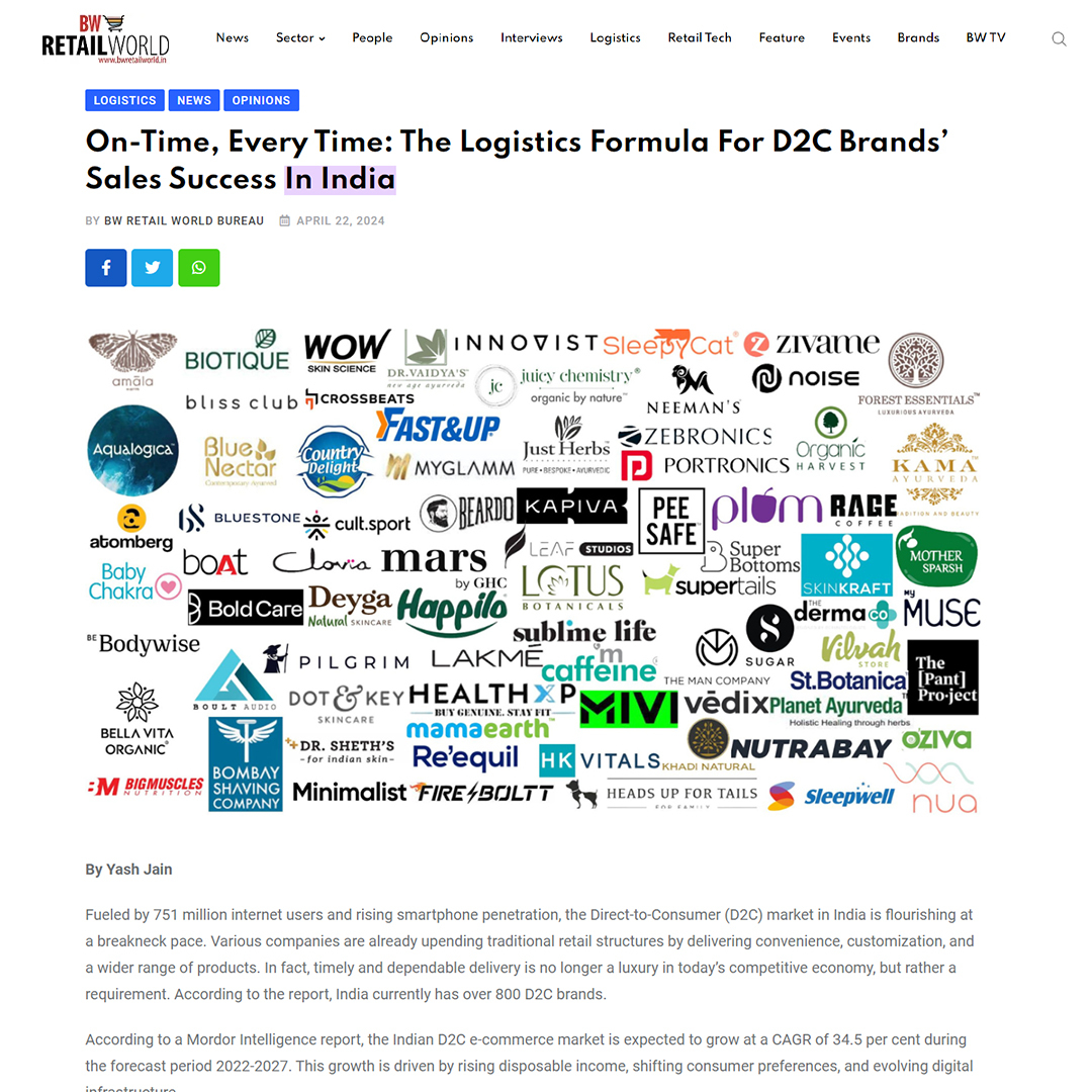 Mr Yash Jain, the Founder and CEO of #NimbusPost shares the ultimate #logistics formula for #D2C profits in India in a #newsarticle by #BWRetailWorld. Tap the link for detailed #coverage: bit.ly/4b9u443 

#Mediacoverage #technology