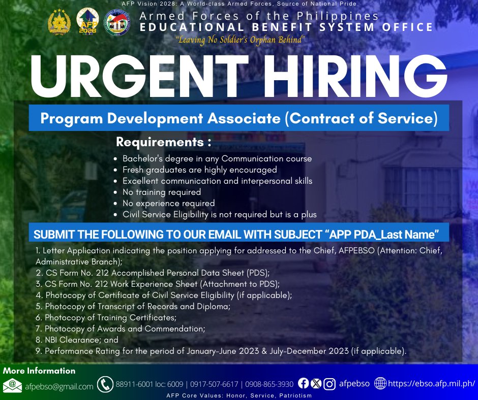 WE ARE HIRING! Interested applicants may submit their requirements to afpebso@gmail.com until April 26, 2024 (Friday). Only applications with COMPLETE requirements will be processed. 
#OneAFPOnePhilippines #StrongAFPStrongPhilippines
#AFPyoucanTRUST #ihelpEBSO #JobHiring