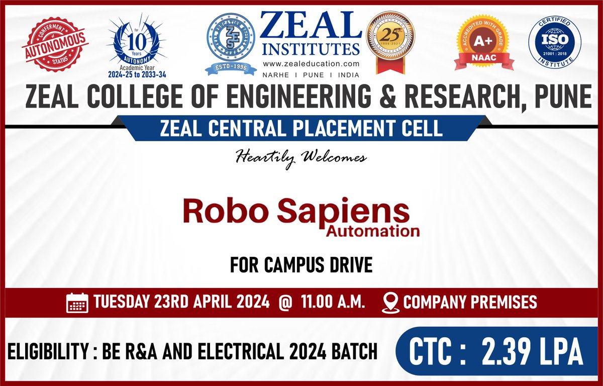 ZealCentralPlacementCell#Placement#ZealEducationSociety#Engineering#ElectricalEngineering#MechanicalEngineering#E&amp;TCEngineering#CivilEngineering#ComputerEngineering.