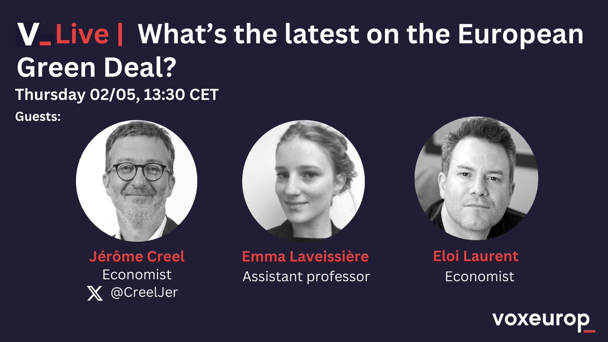 🎙 What’s the latest on the 🇪🇺Green Deal? Economists @CreelJer & Eloi Laurent, and assistant professor Emma Laveissière will speak about its progress. An event moderated by @andre_cath et @gpaccardo. 🗓 Thursday 2/05 at 1.30 pm CET. Sign up⬇️ voxeurop.eu/en/event/europ…