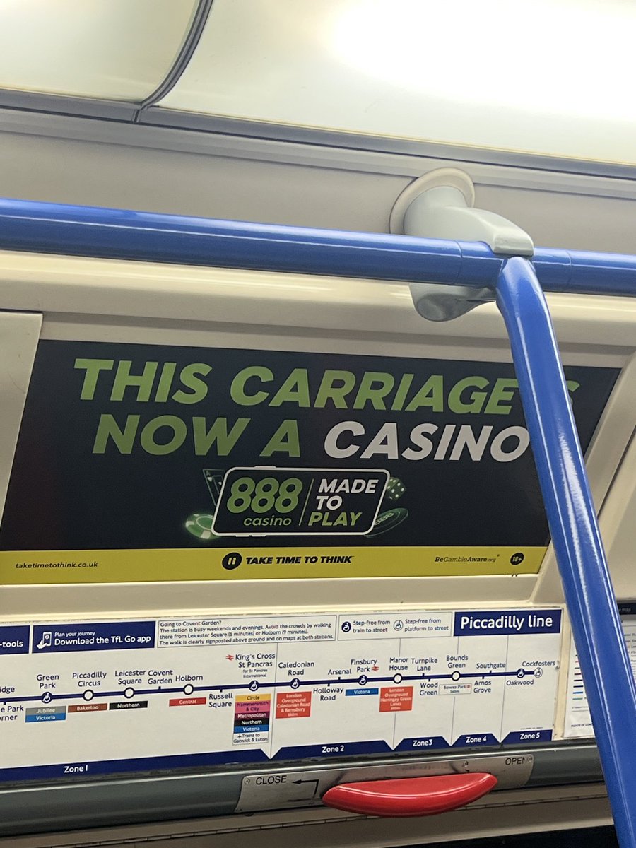 No it’s not a casino, it’s a London Underground train carriage. I took this photo. A child in school uniform was sitting below this gambling advert. ⁦@TfL⁩ ⁦⁦@SadiqKhan when is this going to stop? ⁦@GRHAPPG⁩ ⁦@pgreform⁩ ⁦@TheBMA⁩ ⁦@cagauk⁩