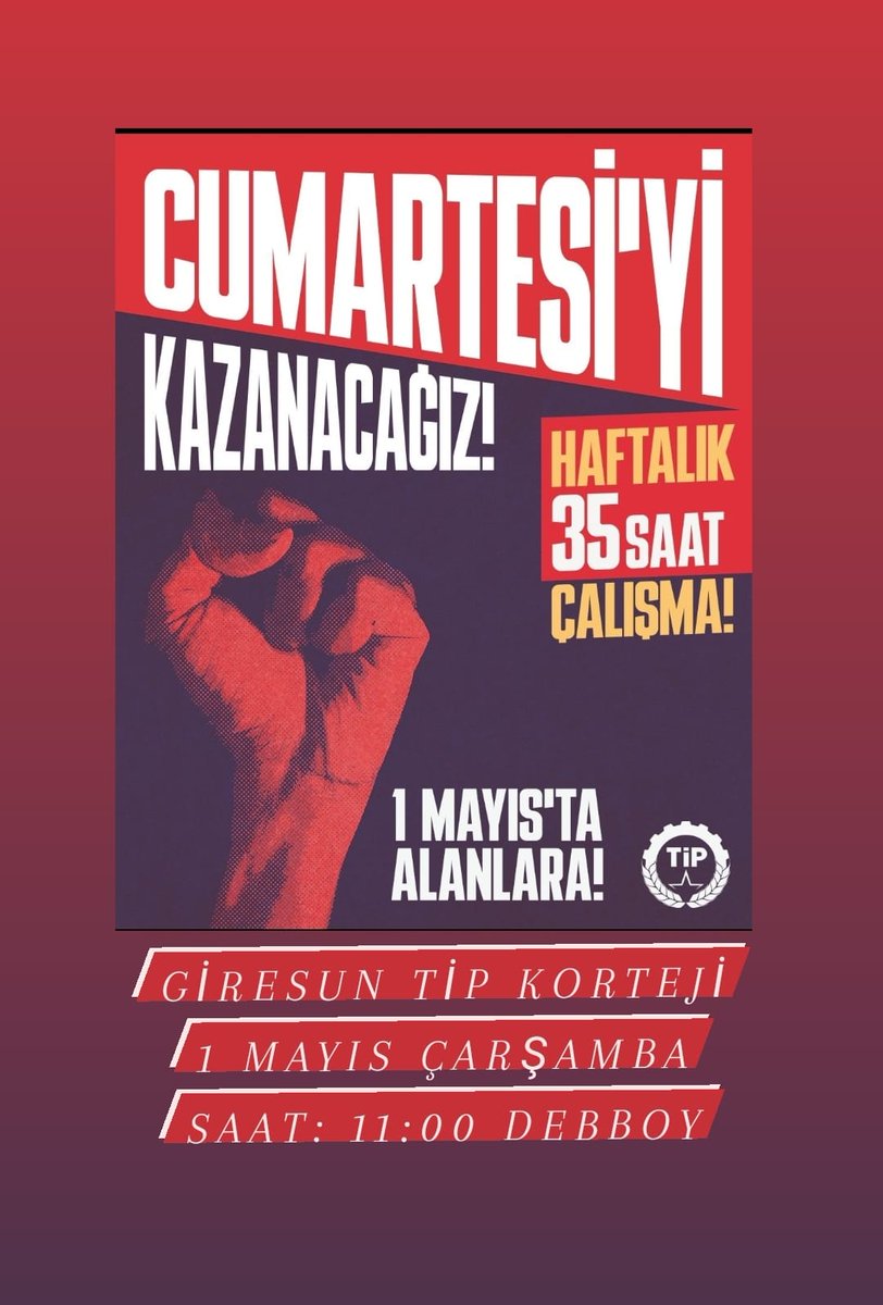 İnsanca çalışma koşullarını ve Cumartesi'yi kazanmak için 1 Mayıs'ta alanlara!

İşçinin, emekçinin, kadının, hayvanın hakkını savunmak için 1 Mayıs'ta TİP kortejine bekliyoruz. 

#CumartesiyiKazanacağız 
#1Mayıs