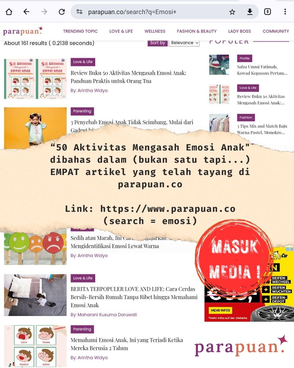 utiauthor's tweet photo. 50 Aktivitas Mengasah Emosi Anak" dibahas di Parapuan, sekaligus dalam EMPAT artikel! Terima kasih banyak.@Penerbit_BIP #50asahemosianak #tumbuhkembanganak #anak #balita #parenting #parentinganak #orangtua #ayahbunda #tipsparenting #parentingtips #emosianak #emosi #review #media https://t.co/FViP7csc1s