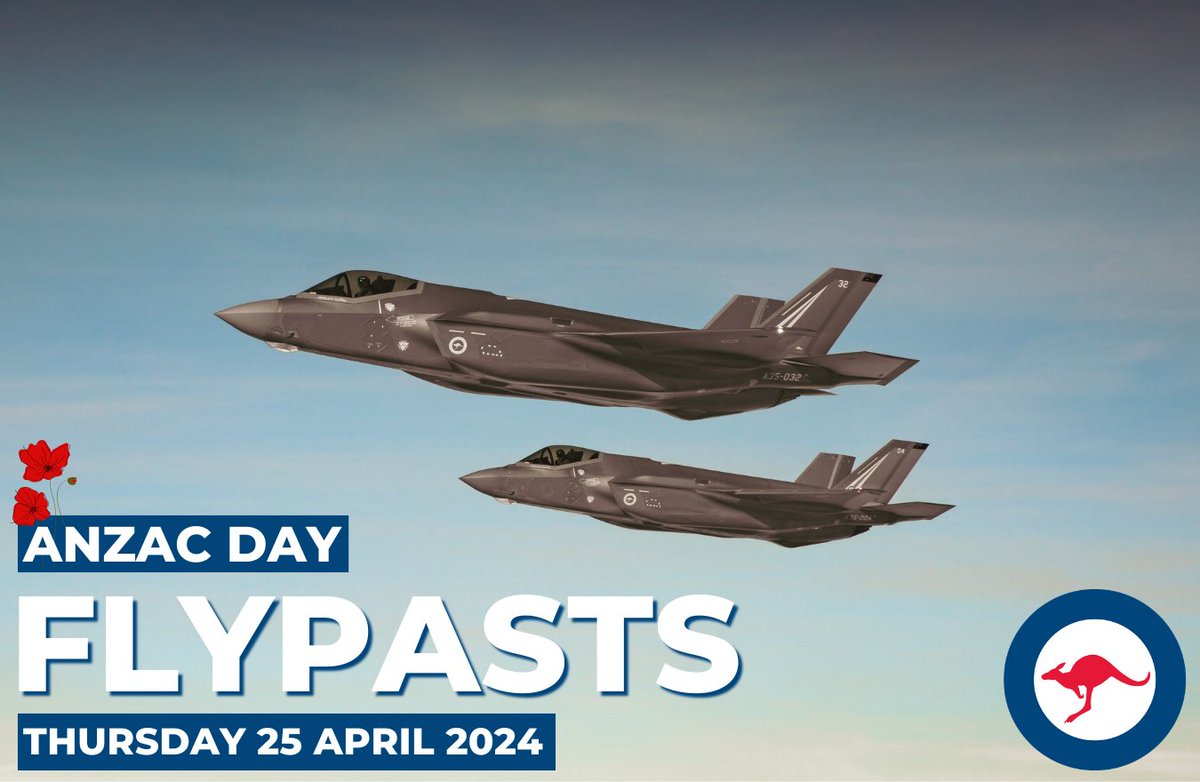 Thursday is #AnzacDay2024, and our aircraft will be conducting flypasts in different locations around the country. ✈️ ❤️ Full details: airforce.gov.au/news-events/fl… All #FlyingActivity is subject to change at short notice. #AusAirForce #AnzacDay #LestWeForget