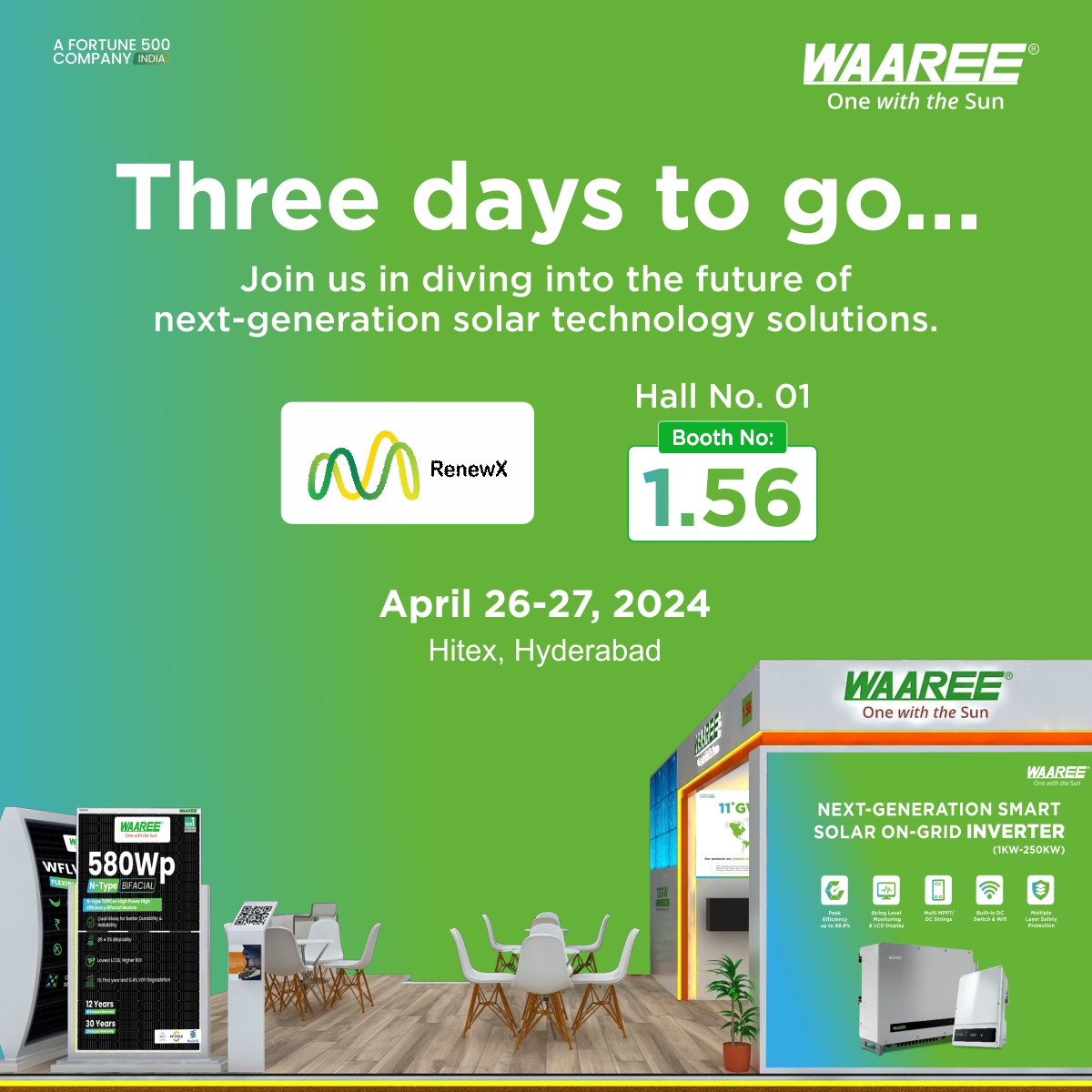 Join us at booth No. 1.56 at the RenewX Expo 2024 in Hitex, Hyderabad on the 26th and 27th of April 2024. Experience our cutting-edge technology products and witness our unwavering commitment to shaping a greener future. 
#expo #waaree #waareesolar #solar #renewx #expo2024