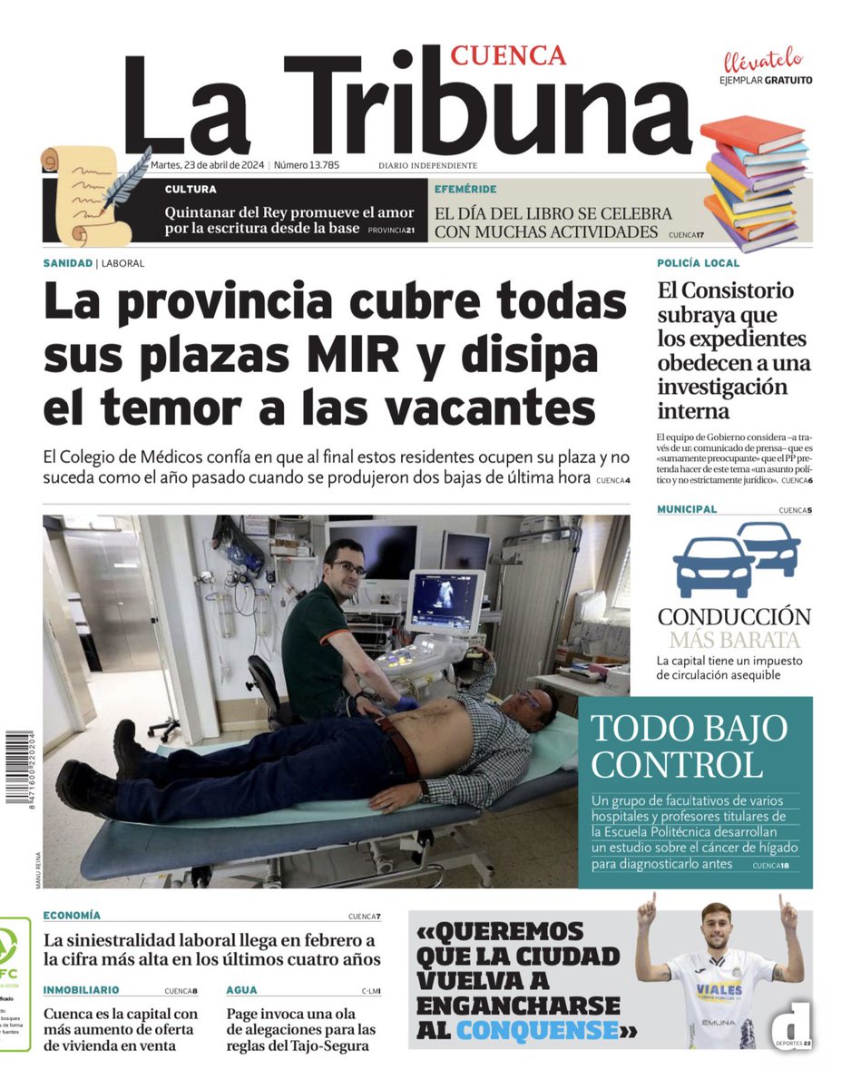 ¡Buenos días! La portada de ‘La Tribuna de Cuenca’ de este martes, 23 de abril. Puedes recogerla en medio centenar de puntos de reparto o leerla en formato digital en nuestra app o en nuestro canal de Telegram. La información de última hora, en latribunadecuenca.es