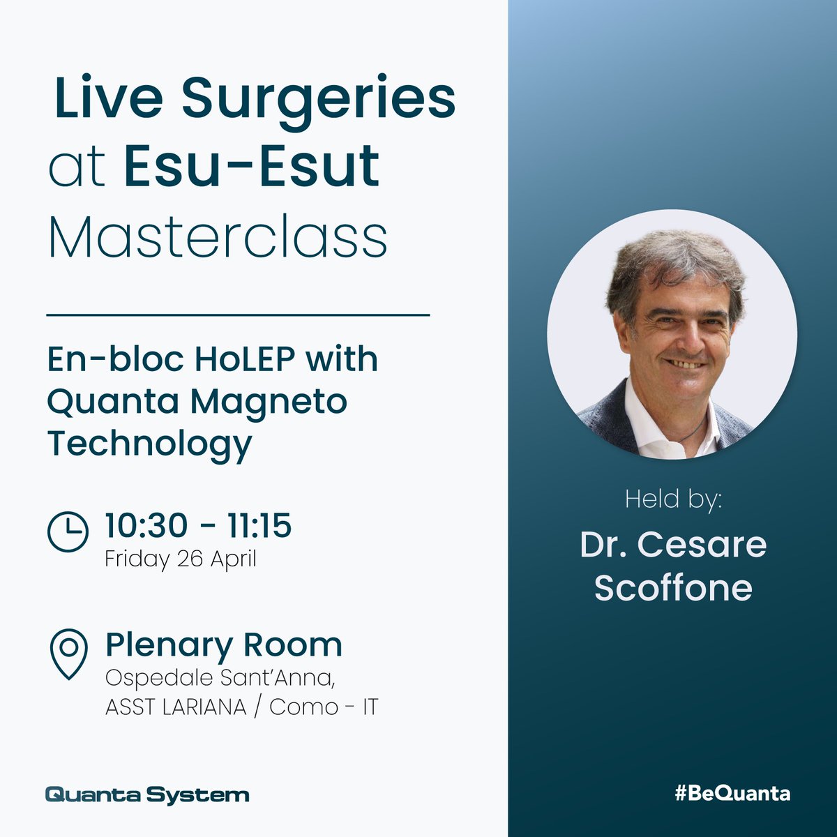 ✅Remember the first live surgery at the ESU-ESUT Masterclass 'En-bloc HoLEP with #QuantaMagnetoTechnology' held by Dr. @scoffonecesare 📆26 April ⏰10:30 - 11:15 🏡Plenary Room, Ospedale Sant'Anna, Como #esubpo24 #UrologyInnovation #QuantaSystem #bequanta
