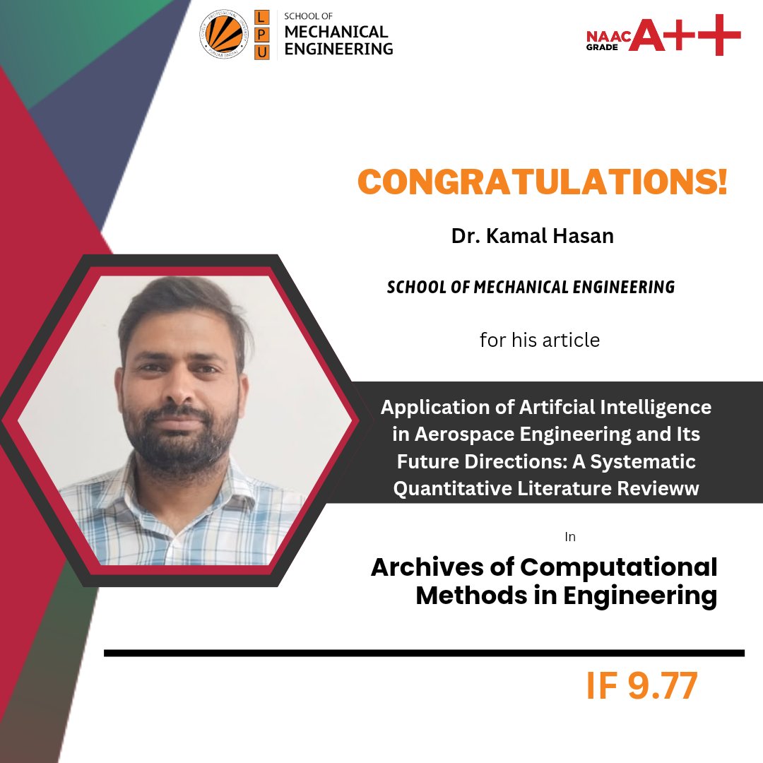 Dr. Kamal Hasan and Dr. Amit Kumar Thakur achieve a milestone with their publication in Archives of Computational Methods in Engineering, boasting a 9.77 impact factor.  #ResearchExcellence #EngineeringInnovation