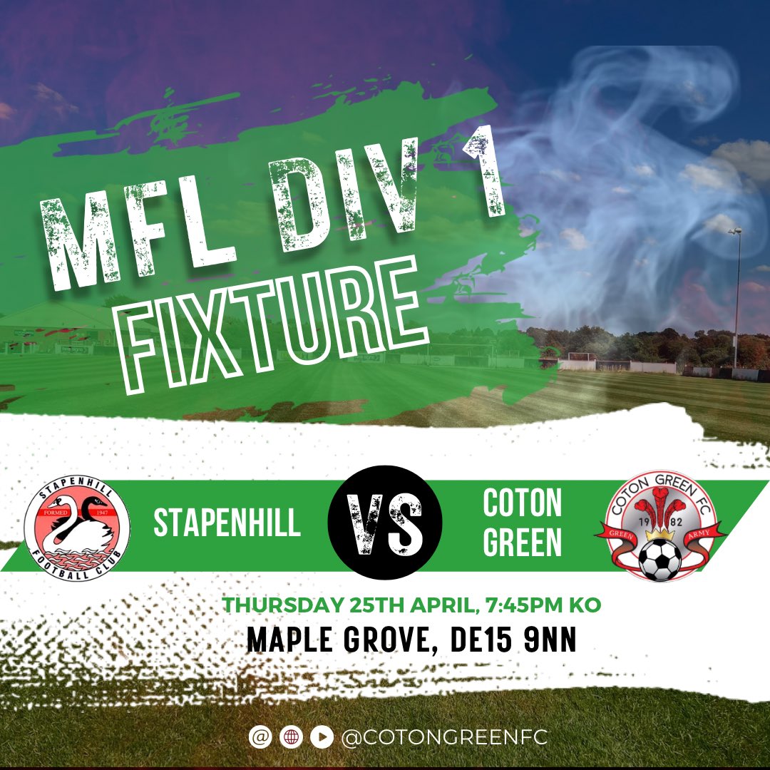 ⚽️ | GAME DETAILS One last outing for Oakleys’ squad as we travel over to face @StapenhillFC1 on Thursday 📆 25/4/24 ⏰ 7:45pm 🏟 Maple Grove, DE15 9NN 🏆 MFL1 🎟️ £6 Adults / £4 Conc We look to end the season on a high and move up to 13th place 🔴⚫️🟢 #GreenArmy