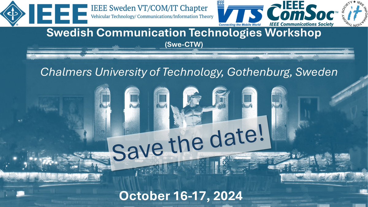 After 7 years, Swe-CTW is back at 
Chalmers University of Technology! Join us for this workshop during October 16-17, 2024! 
Swe-CTW will bring together researchers in the general areas of #communication #technologies! 

More details to follow in the coming months!
