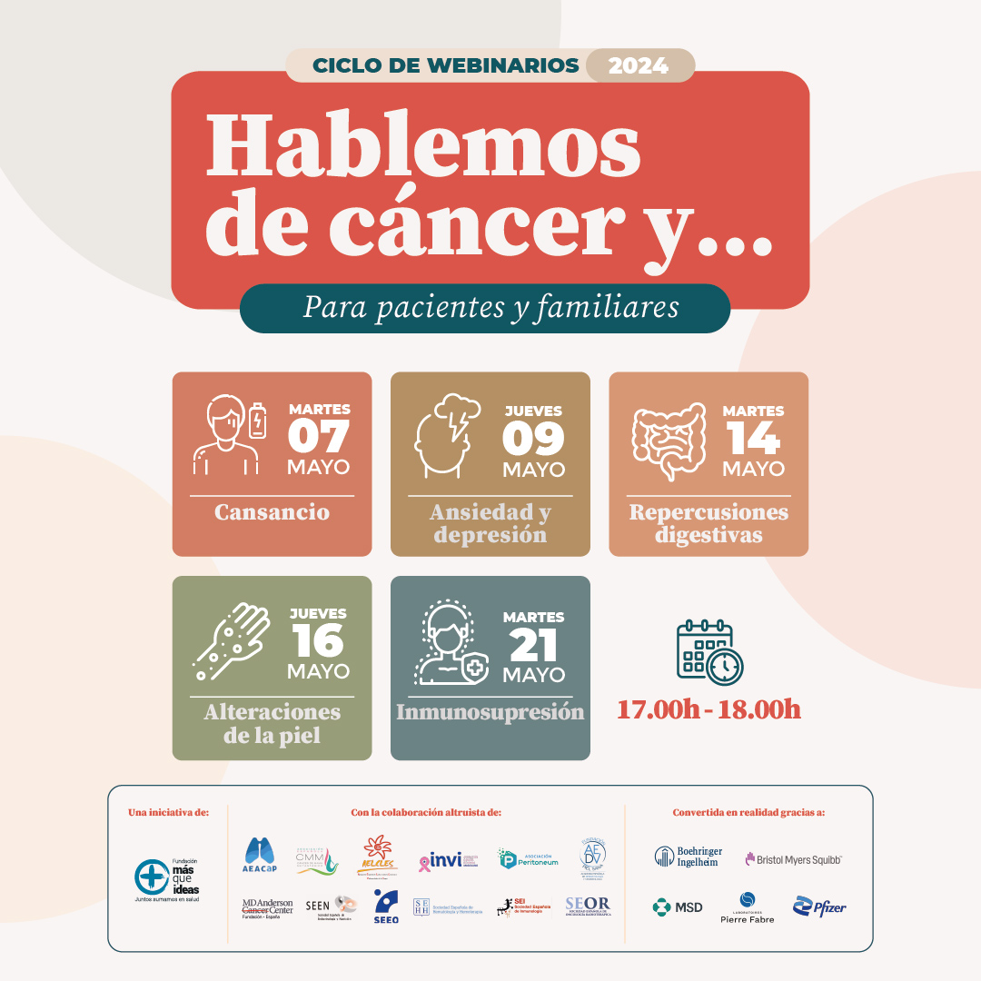 ⭐️Te presentamos la 4ª edición de: HABLEMOS DE CÁNCER Y... 🔵Cansancio (7 mayo) 🔵Ansiedad y depresión (9 mayo) 🔵Repercusiones digestivas (14 mayo) 🔵Alteraciones de la piel (16 mayo) 🔵Inmunosupresión (21 mayo) ¡Te esperamos! Inscripción (gratuita): fundacionmasqueideas.org/portfolio/habl…