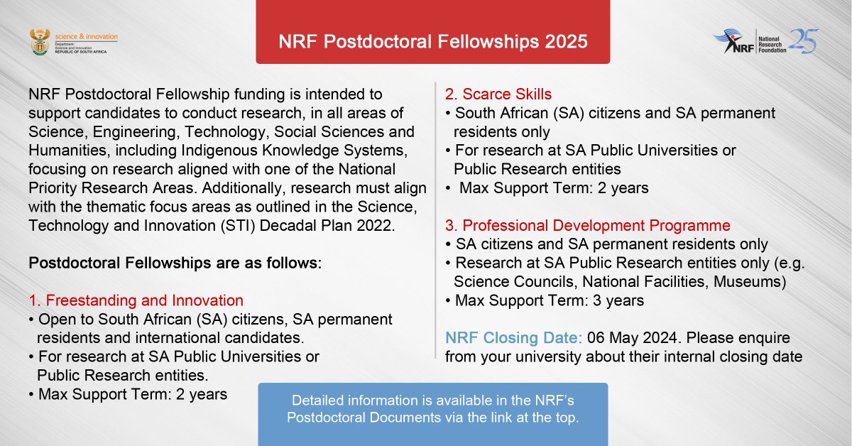 Reminder: The NRF invites applications for Postdoctoral Fellowships 2025. All the info required to apply is available here: nrf.ac.za/nrf-call-for-p… NRF deadline: 06 May 2024. Please note that the universities set their own internal deadlines for NRF applications.