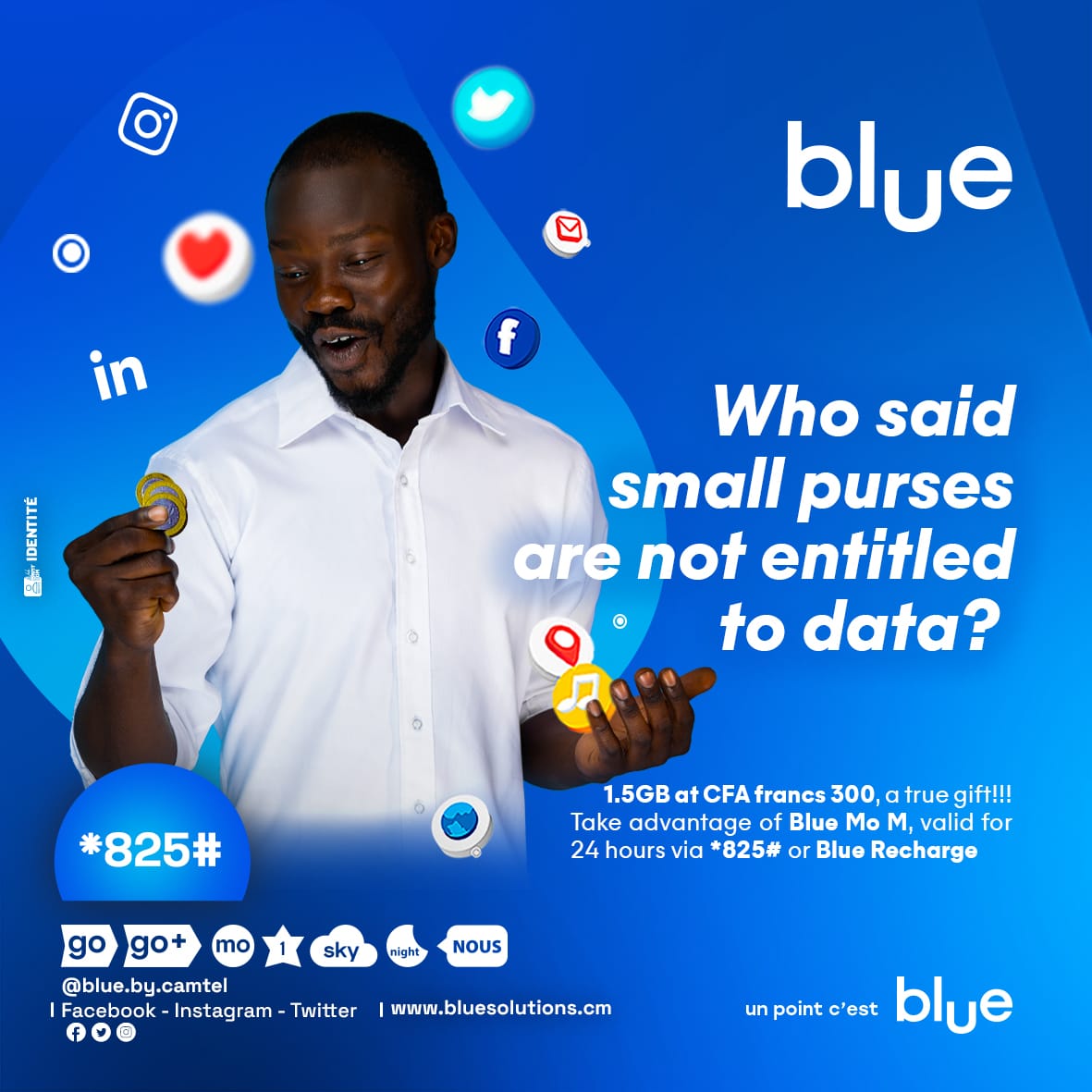 blue_by_camtel's tweet photo. 1,5Go à FCFA 300, le vrai Njoh !!! Profite de ton offre Blue Mo M, valable 24h via *825# ou via Blue Recharge
----------
1.5GB at CFA francs 300, a true gift!!! Take advantage of Blue Mo M, valid for 24 hours via *825# or Blue Recharge
#Blue
#BlueRecharge https://t.co/wJFkA1t23I