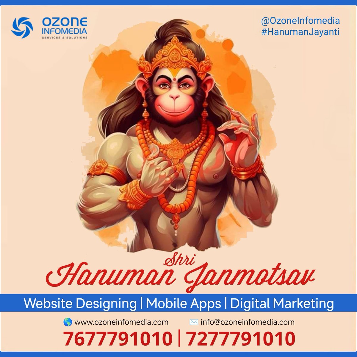 Ozoneinfomedia's tweet photo. On the auspicious occasion of #HanumanJayanti, with the blessings of Lord #HanumanJi, may you shine bright in life & achieve all your goals.
Team #OzoneInfomedia wishes a Happy #HanumanJanmotsav !!! https://t.co/QA8Onaz9iG