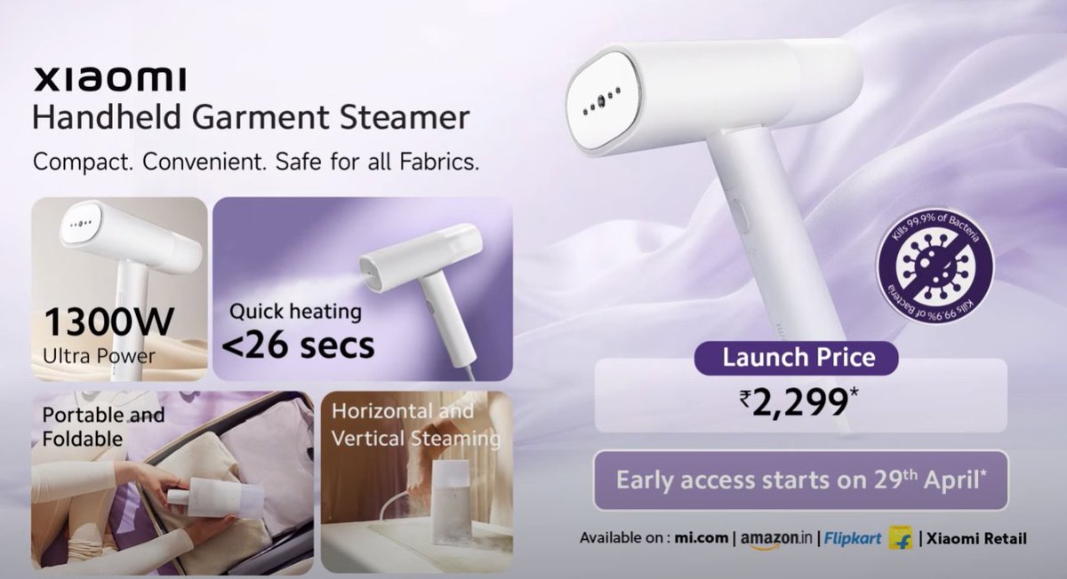Xiaomi Handheld Garment Steamer with portable and foldable design launched in India

#Xiaomi #XiaomiGarmentSteamer