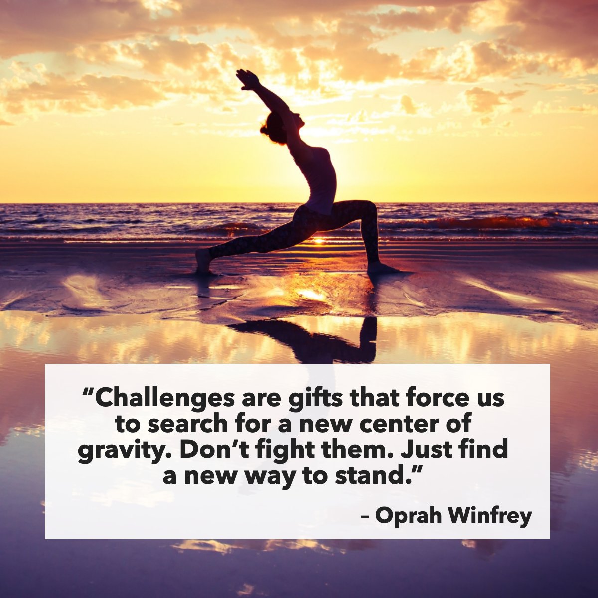 'Challenges are gifts that force us to search for a new center of gravity. Don't fight them. Just find a new way to stand.' 💪 
– Oprah

How do take on the challenges in your life?

#challenges #quote #inspirational #yoga #beach #oprahwinfrey #oprah