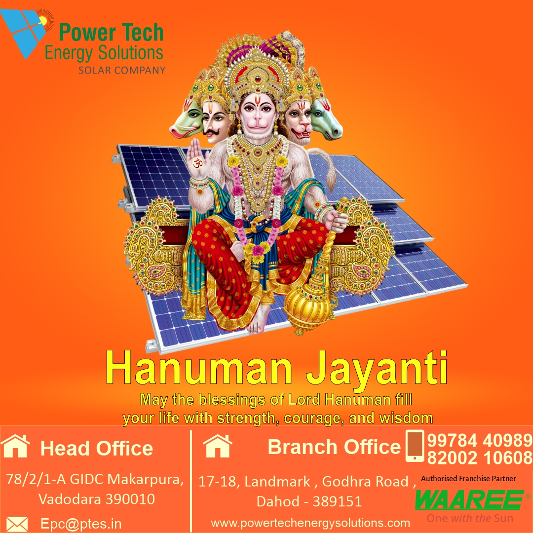 'Wishing you a joyful Hanuman Jayanti! May Power Tech Energy Solutions brighten your celebrations with abundant blessings and prosperity. Jai Shri Ram! 📷'
#SolarPanelVadodara #SolarFuture #HighReturnSolar #SubsidySolar #RenewableEnergy #CleanEnergy #GreenTechnology #SolarPower