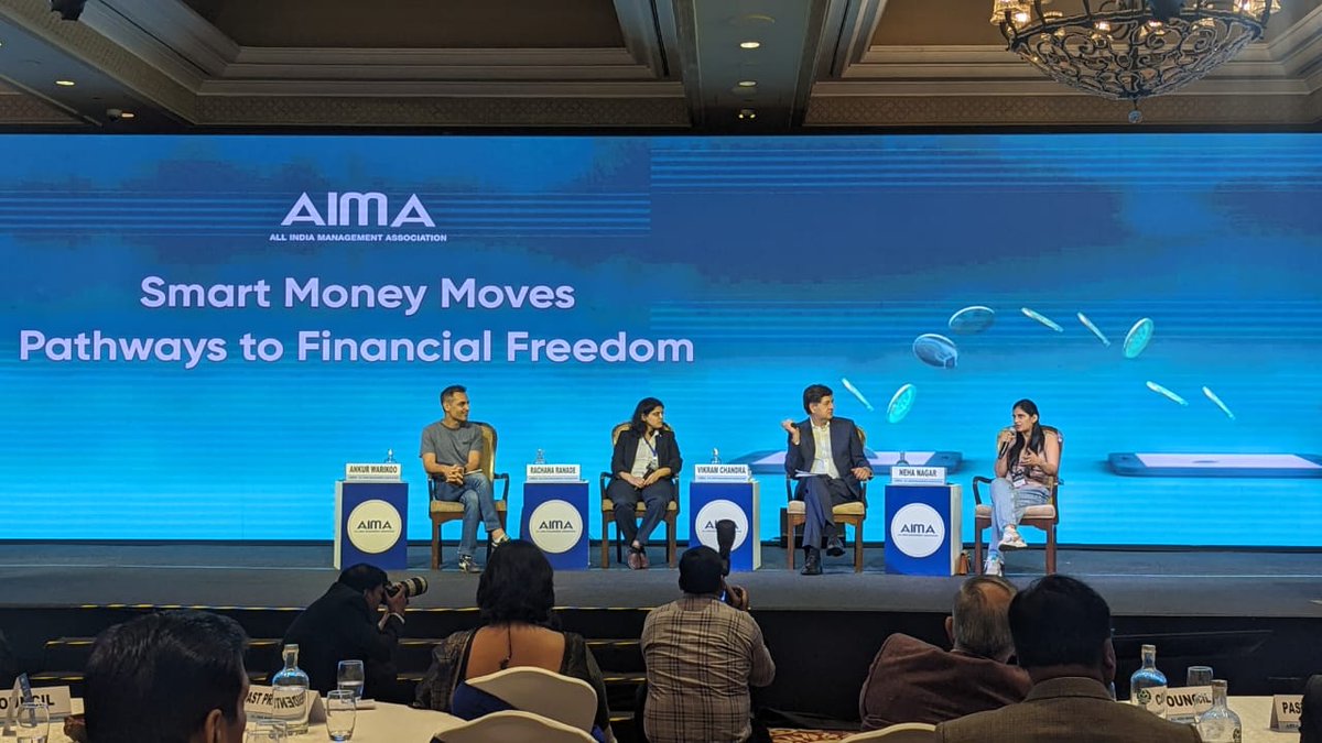 An interesting session on- 'Smart Money Moves: Pathways to Financial Freedom' addressed by @vikramchandra @nehanagarr @warikoo @rachana_ranade offered tips on how to set clear financial goals and discussed how important financial freedom is. #NLC2024 #AIMANLC