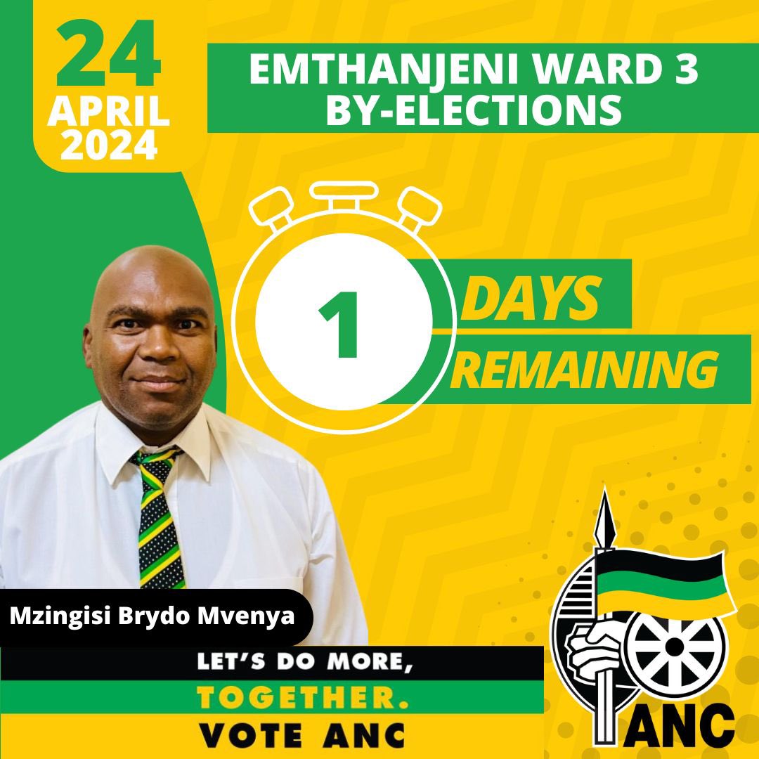 BY-ELECTION IN EMTHANJENI WARD 3 Only 1 day left till the by-election on the 24 April 2024 in Emthanjeni Ward 03. Those registered as special votes can visit the following voting stations to cast their votes. 1. Nonzwakazi Community Hall 2. CCAC Church 3. Monwabisi High School