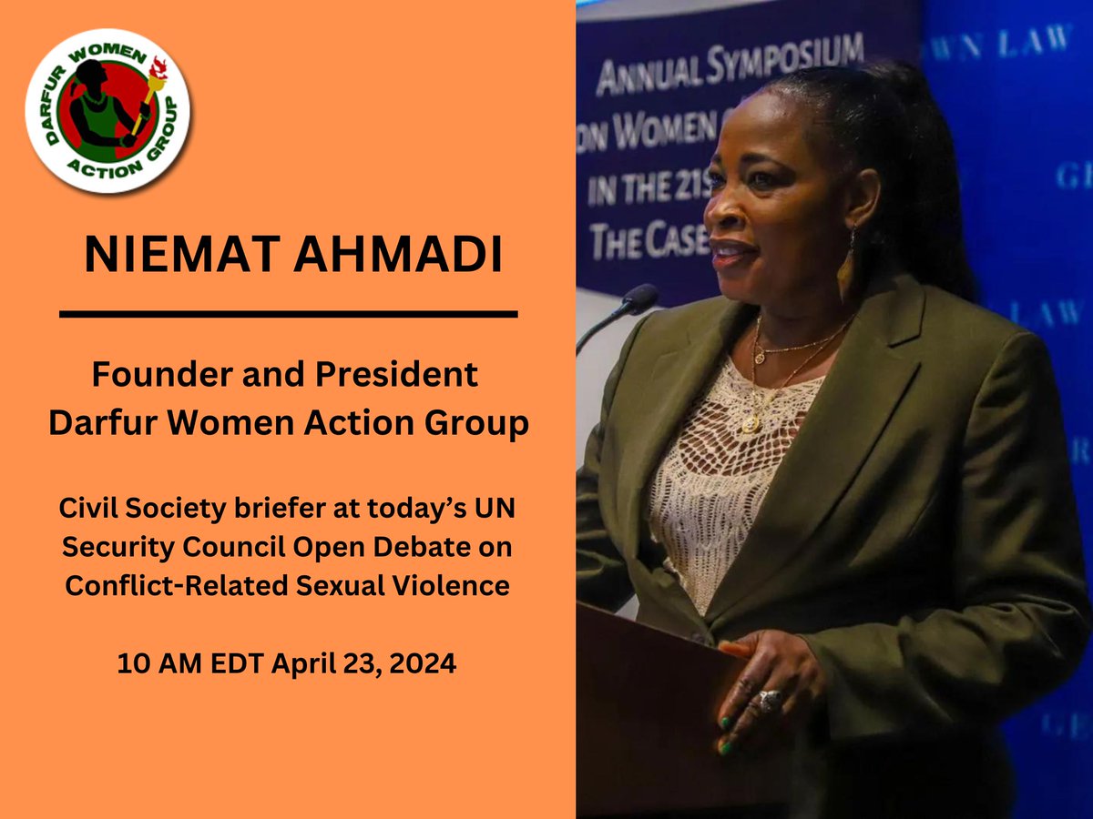 DWAG6's tweet image. Today, we stand with @NiematA , our founder and president, as she briefs the #UNSC on rampant conflict-related sexual violence in #Sudan and the need for urgent international action at the annual Open Debate on #CRSV #WPS.

Watch her remarks at 10AM EDT: webtv.un.org/en/asset/k1r/k…