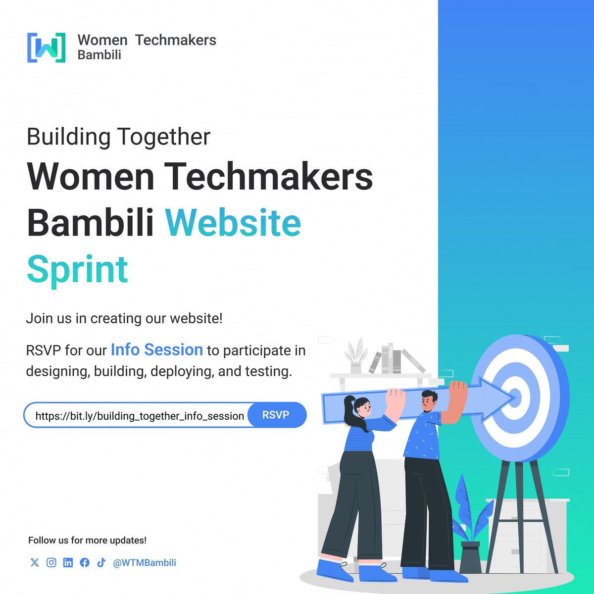 WTMBambili's tweet photo. 📢 🥳Exciting news! 
We're happy to announce the launch of our website sprint.🎉 

Join us for an exclusive WTM Bambili Website Sprint Info session &amp; discover what the sprint entails.❤️

Save the date: April 27
Time : 6:00pm - 7:00pm. 
Link: https://t.co/mqMLtOrMYF

Don't miss!! https://t.co/MGFLgnChiv