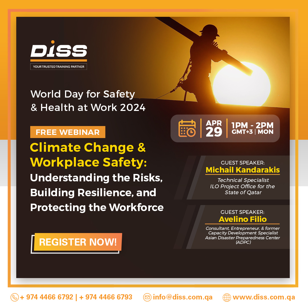 Join our FREE webinar for World Day for Safety and Health at Work 2024!

We're honored to host guest speakers from ILO and ADPC, discussing 'The Impacts of Climate Change on Occupational Safety and Health.'

Register Now!

us02web.zoom.us/meeting/regist…

#DISS #WorldSafetyDay