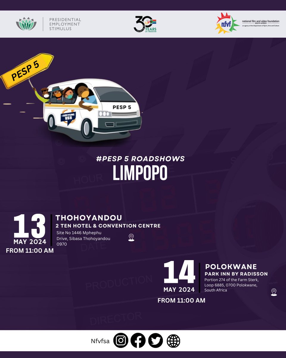 The PESP 5 team will be in Limpopo on 13 & 14 May 2024 helping with the application process, and answering any PESP related questions you may have. #LoveSAFilm #PESP5