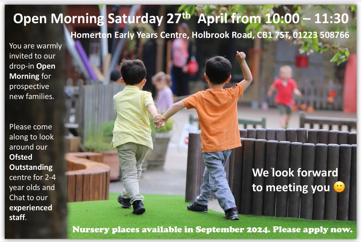 HomertonEYC's tweet photo. A reminder we are open to visitors / prospective new families this Saturday morning from 10-11:30. Come and visit us at Homerton Early Years Centre, Holbrook Road, CB1 7ST if you would like to learn more about us. https://t.co/CDv2CVn8s0