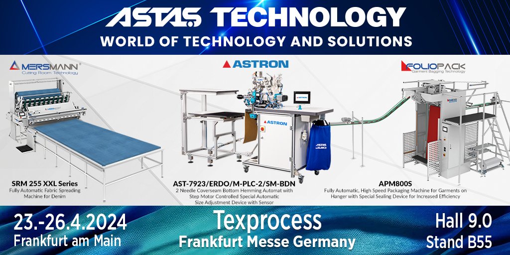 AstasTechnology's tweet image. Meet us at TEXPROCESS!

We hope to see you at our ASTAS TECHNOLOGY stand where we exhibit our new generation technologies and innovative solutions.
Hall 9.00 – Stand B55
#texprocess #astastechnology #fairs #messefrankfurt #sewingtechnologies